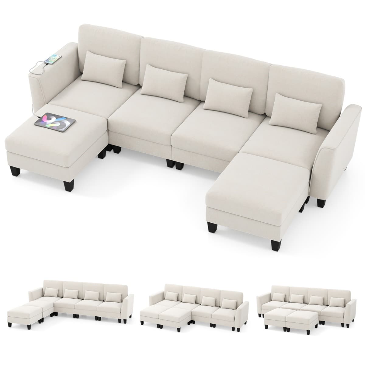 Canapé Sectionnel 280 CM avec 2 Ottomans Canapé Modulable en Forme de U Comfy Cloud avec Ports de Ch
