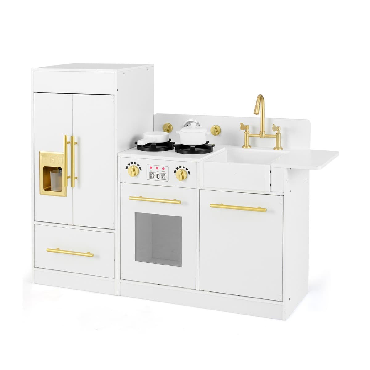 CostwayEnsemble Jeu de Cuisine Enfant avec Réfrigérateur Cuisinière Évier Machine à Glaçons Horloge Lave-Vaisselle pour 3 Ans + Blanc