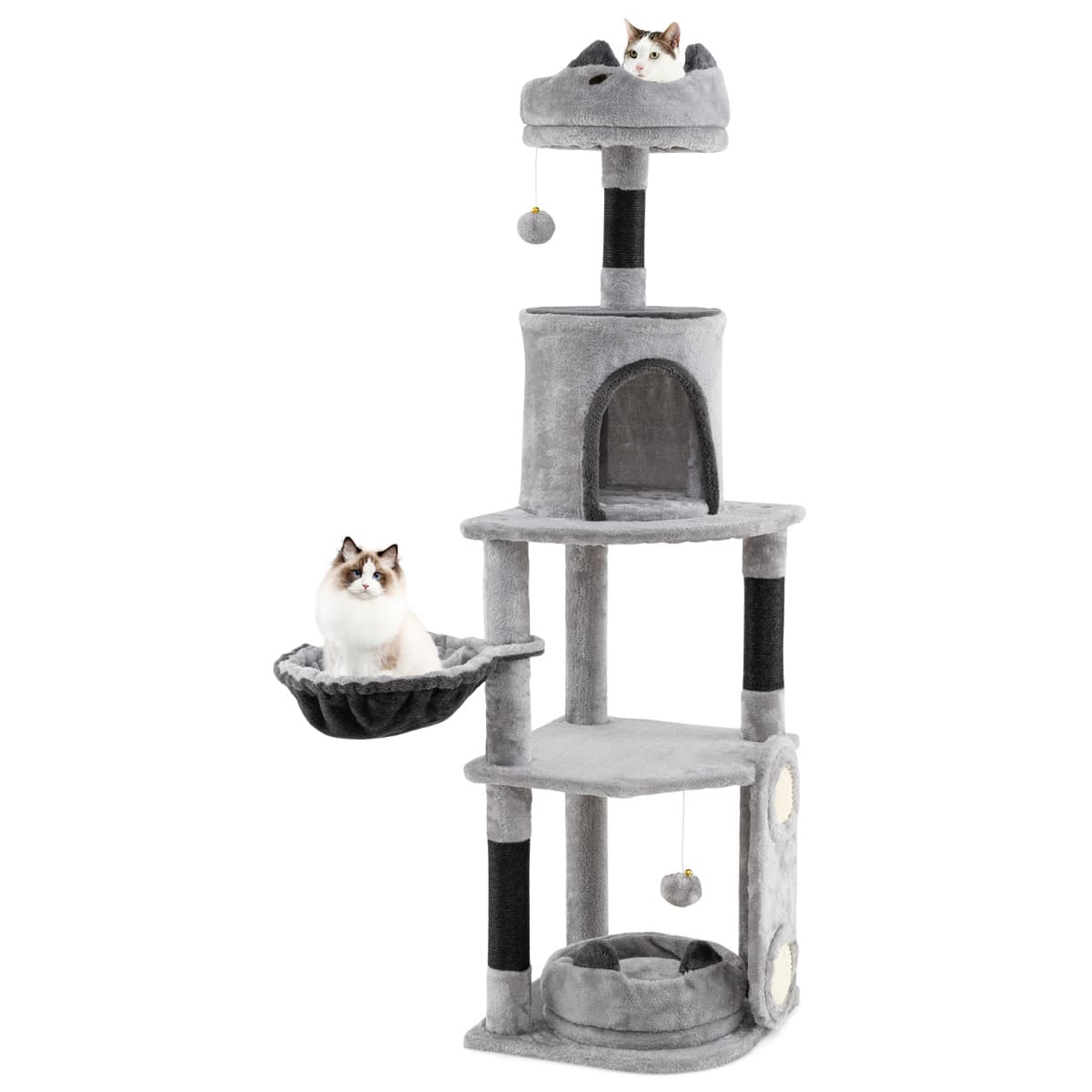 CostwayGrand Arbre à Chat Grande à Plusieurs Niveaux Poteaux et Planche à Gratter en Sisal Condo Perchoirs en Peluche Jouets Suspendus Hamac Gris