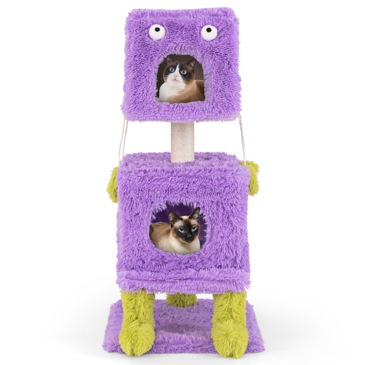 CostwayArbre à Chat Originale sur le Thème des Monstres avec 2 Condos Privés Peluche Douce Griffoir en Sisal Jouets Suspendus Violet