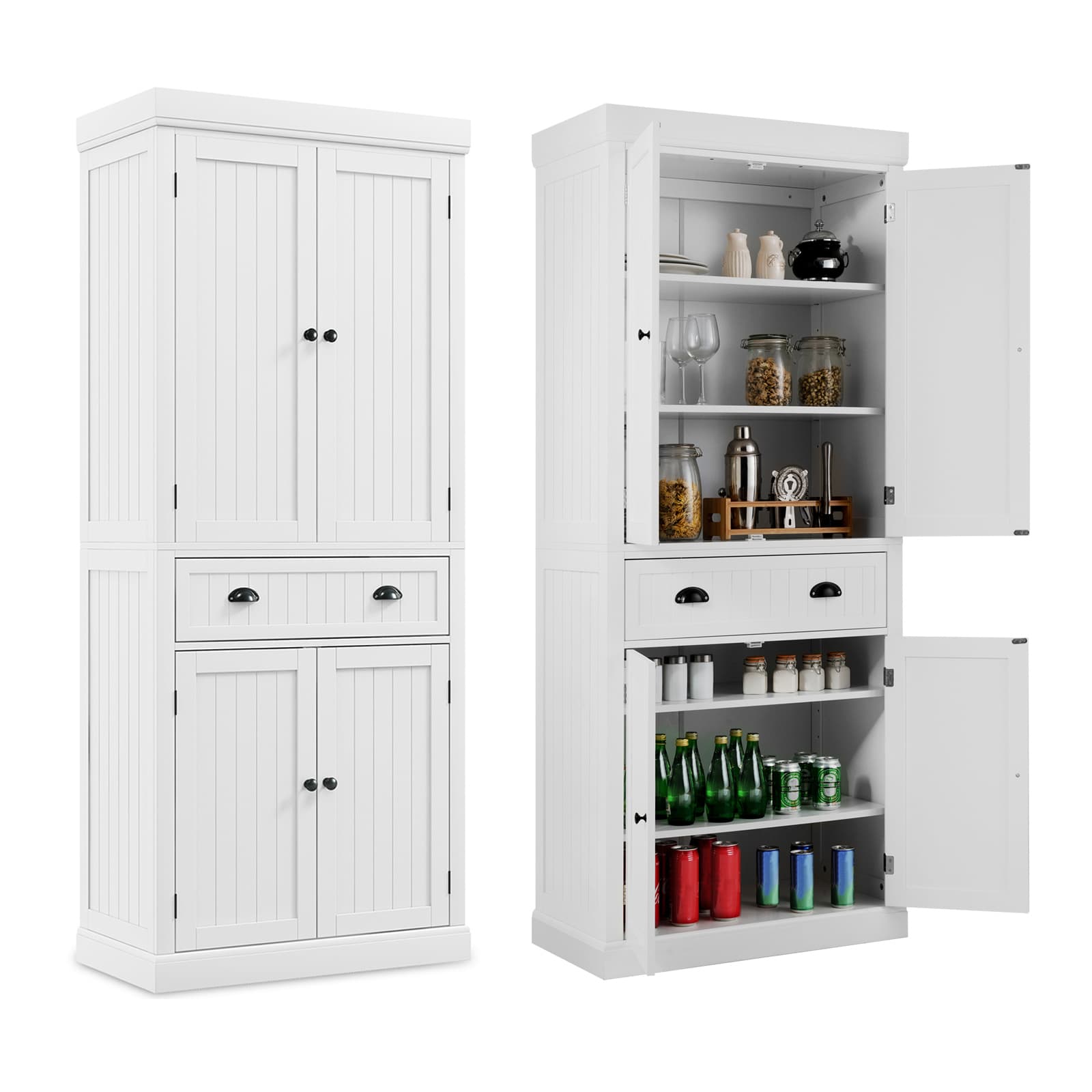 CostwayBuffet de Cuisine Autoportant de 183 cm de Haut Armoires à 2 Portes et Tiroirs Étagères Réglables Armoire de Rangement Moderne Blanc