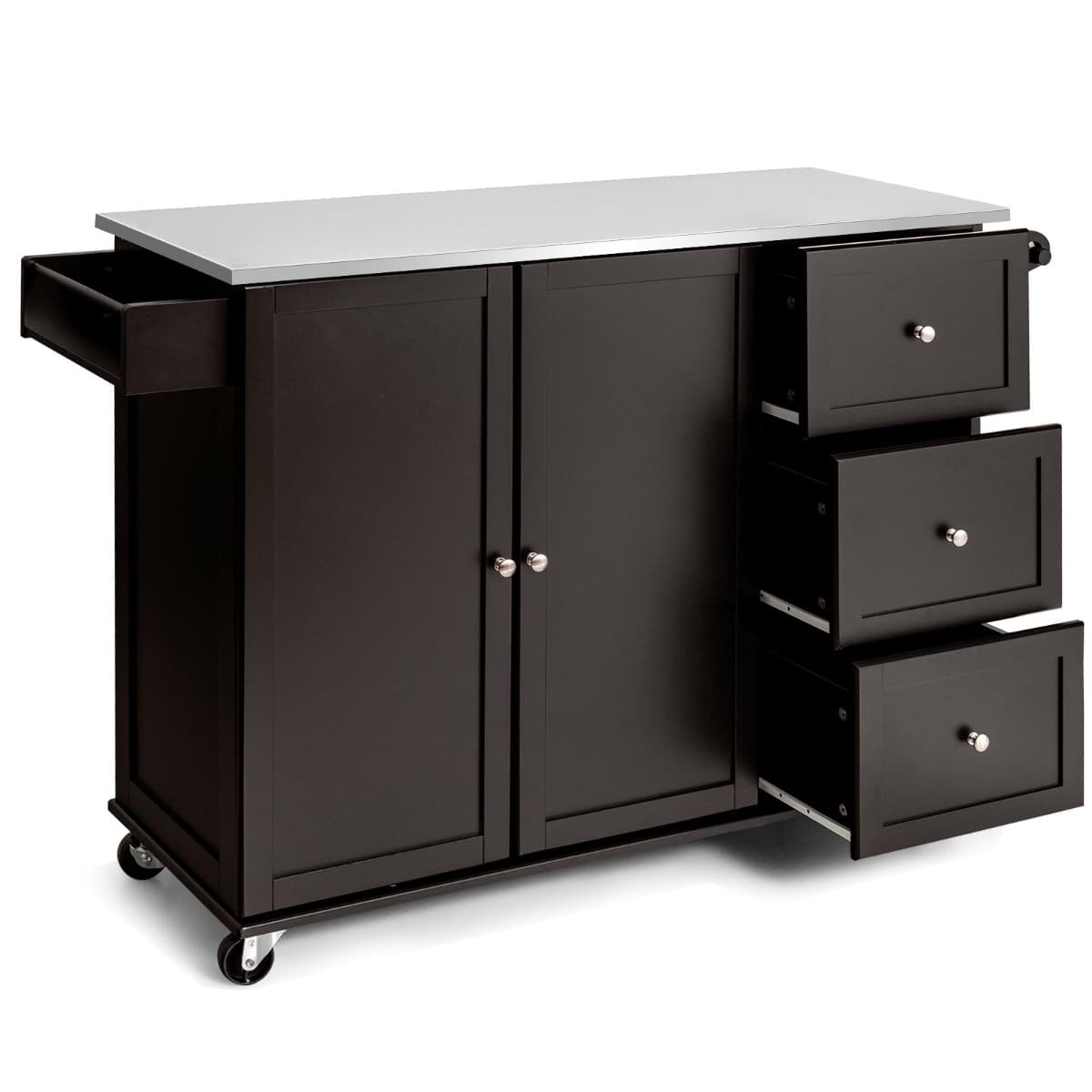 CostwayDesserte de Cuisine à Roulettes avec Plateau Acier Inox. îlot Chariot de Cuisine avec 3 Tiroirs 2 Portes et Porte-épices Café