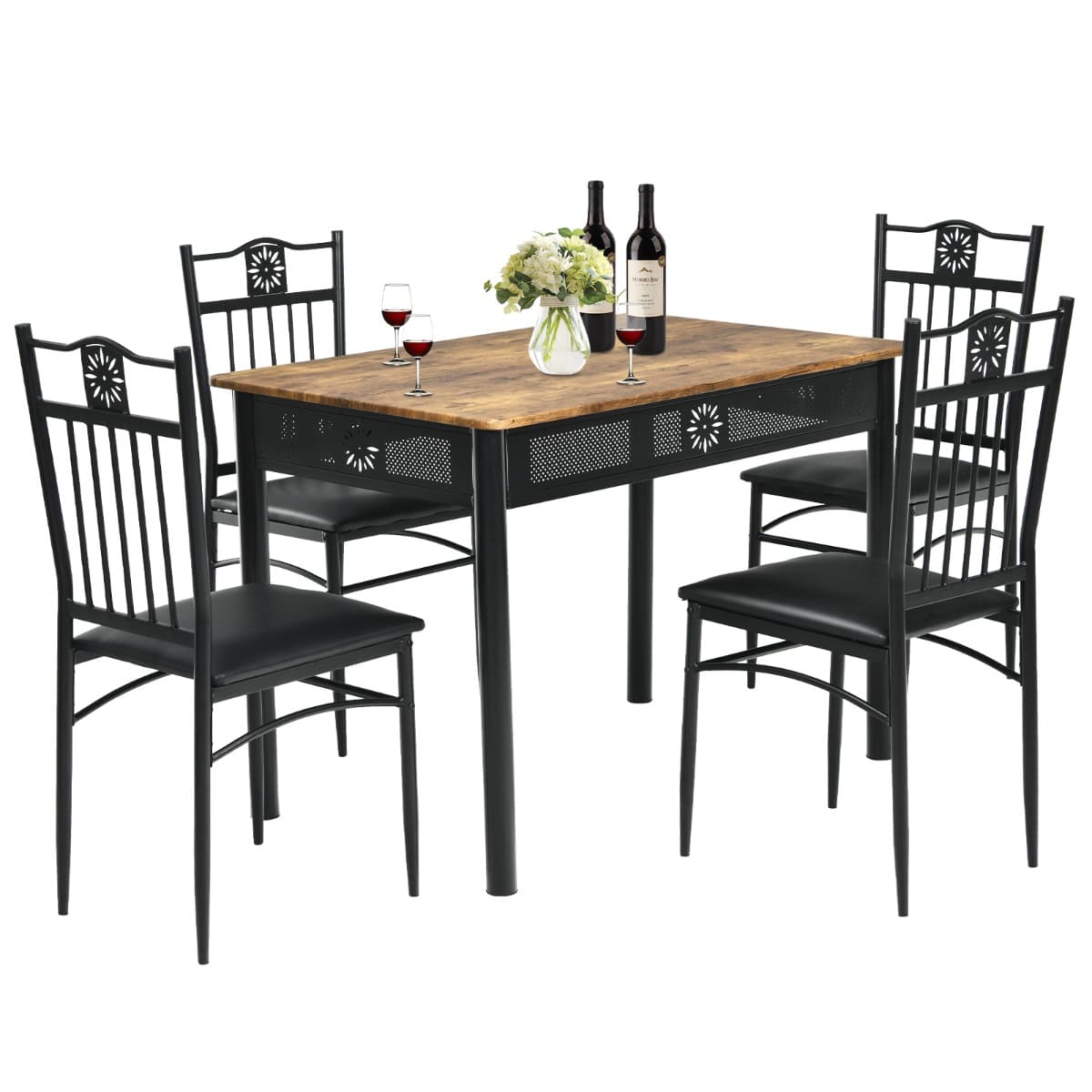 Ensemble Table de Cuisine avec 4 Chaises Rembourrées Souples Cadre en Métal Laqué Noir