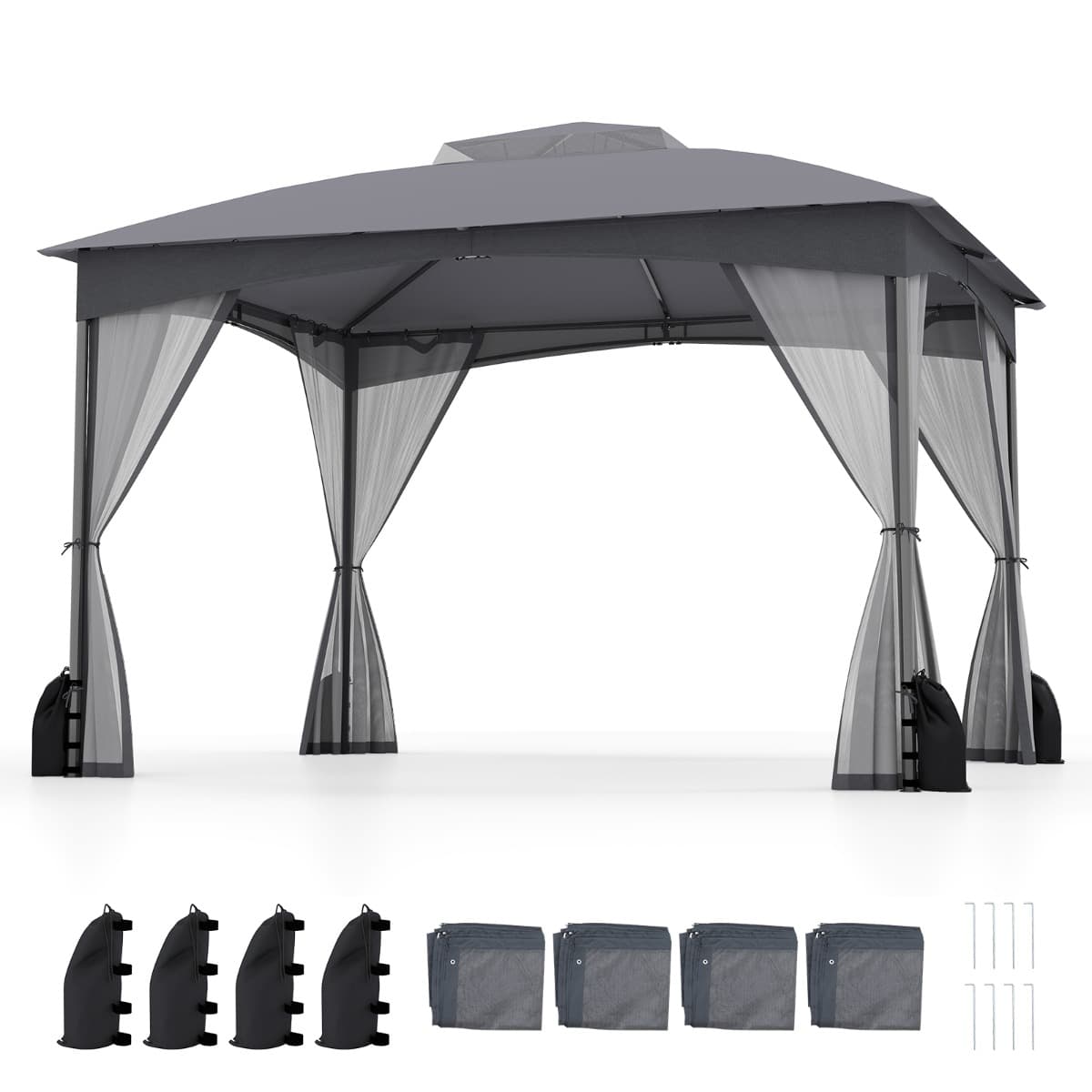 CostwayGazebo de Patio 300 x 365cm avec Murs en Moustiquaire Toit Double avec 4 Sacs de Sable Portes à Fermeture Éclair Cadre Métallique Gris