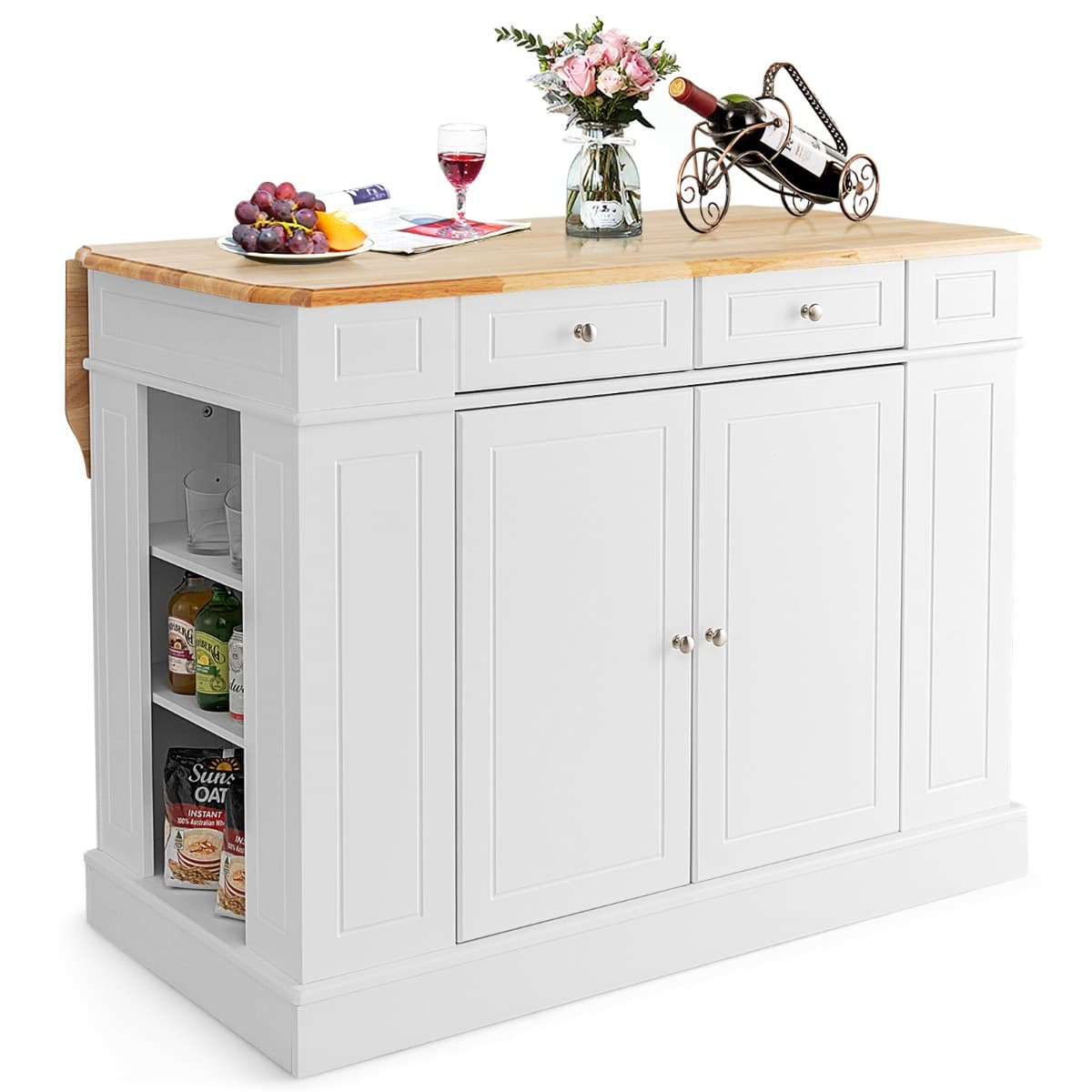 CostwayIlot Central Cuisine avec Tiroirs et 2 Portes 120x61x92cm Desserte de Cuisine avec Étagère Réglable Étagères Latéraux Blanc