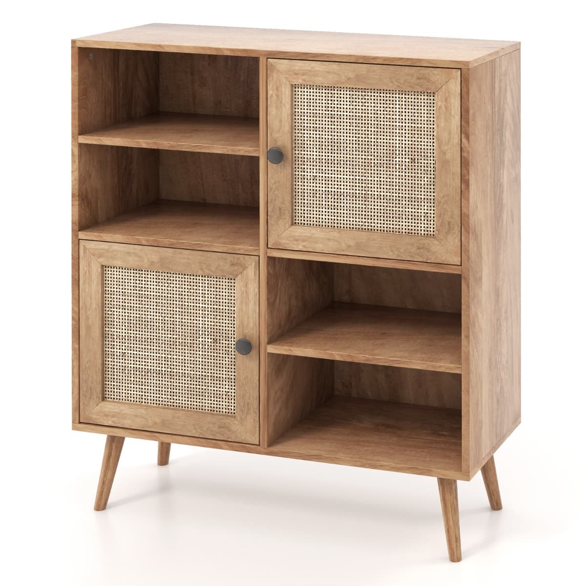 CostwayBuffet Cuisine Meuble de Rangement avec 2 Placards 4 Compartiments Porte Cannage Pieds en Bois Massif 80 x 29,5 x 97 cm