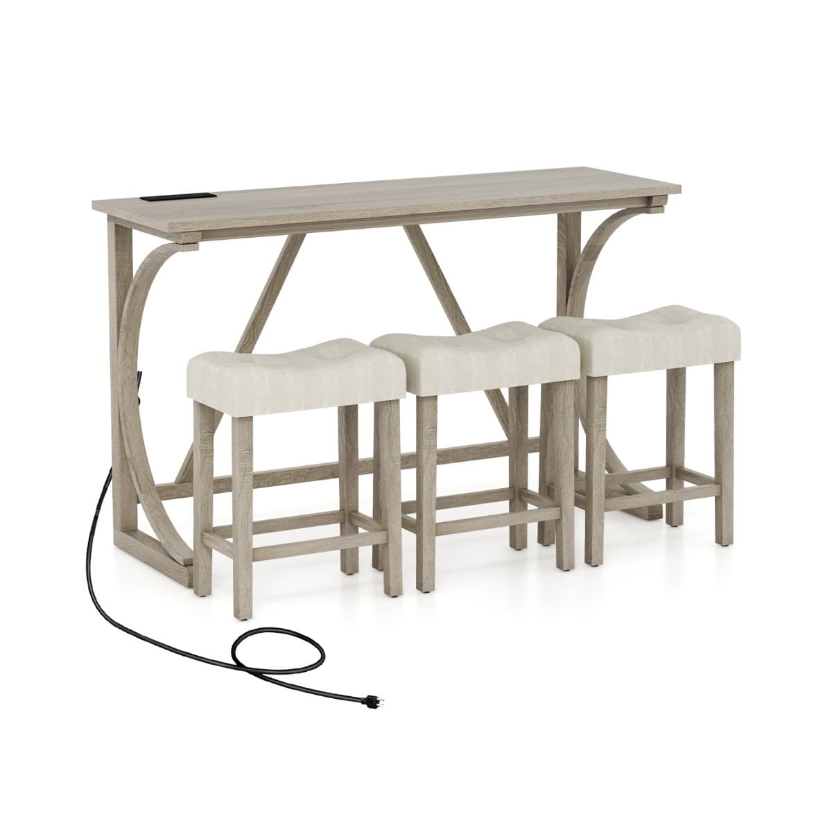 CostwayEnsemble de Table de Bar 4 Pièces en Bois d'Hévéa avec Prise de Courant à Hauteur de Comptoir Tabourets Rembourrés 150*48*92cm Gris