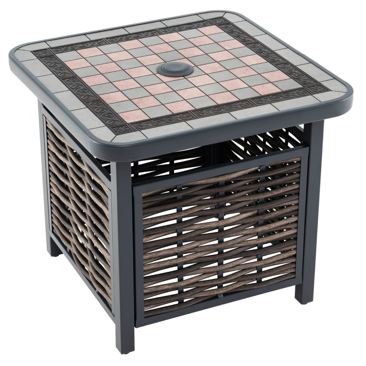 CostwayTable de Jardin Carrée Plateau en Résine 55 CM Table Basse de Patio en Rotin PE avec Trou pour Parasol Cadre en Métal