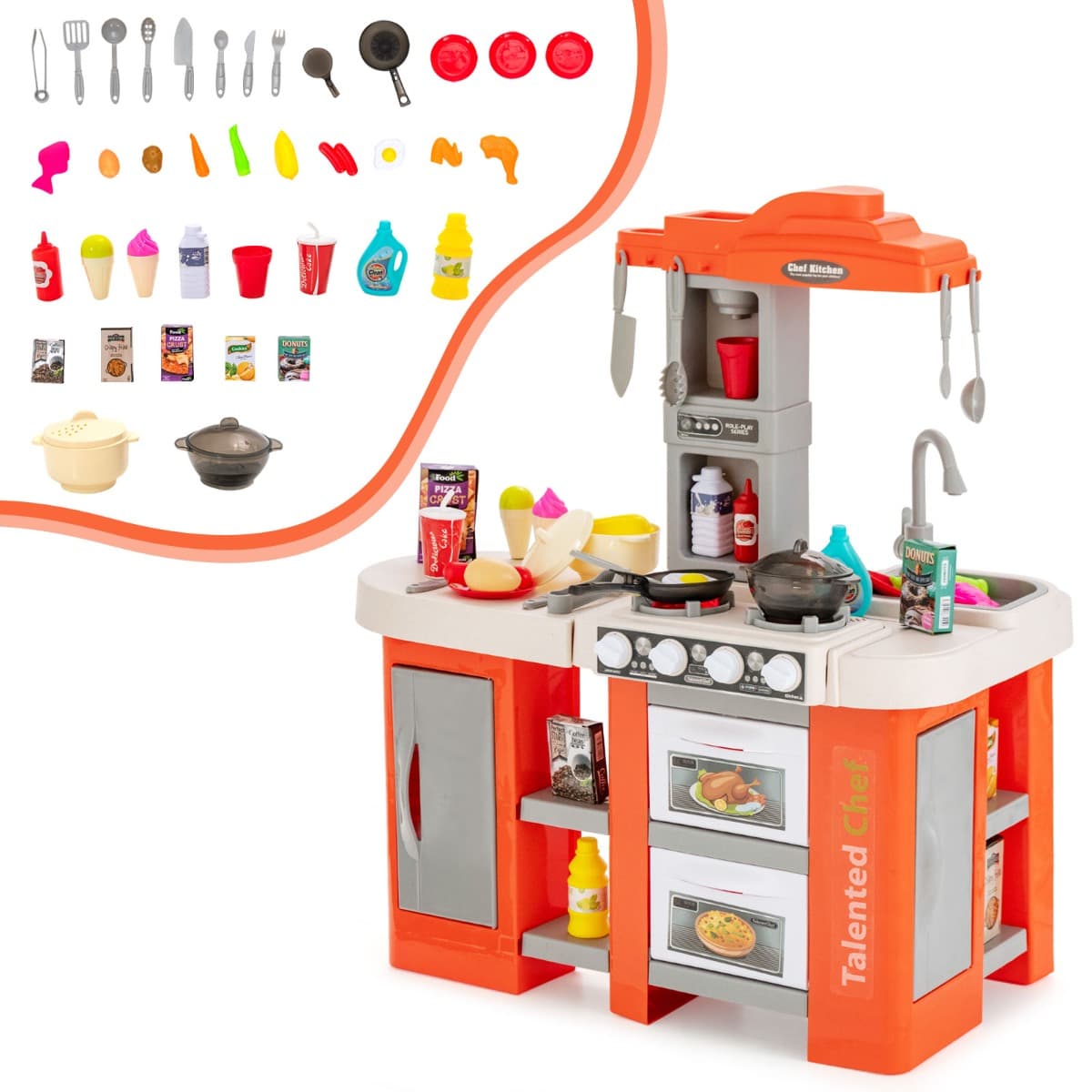 CostwayCuisine de Jeu pour Enfants 38 Pièces avec Accessoires pour Aliments et Ustensiles Son Lumières Vapeur et Ebullition pour 3+ Ans Orange