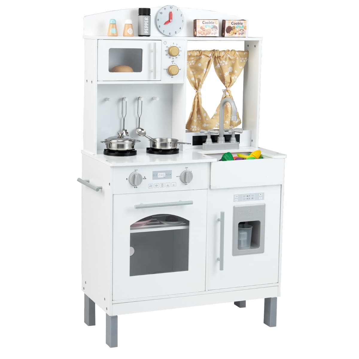 CostwayCuisine de Jeu pour Enfants avec 3 Hauteurs Réglables Micro-ondes Cuisinières Évier Four Machine à Glace & Accessoires pour 3+ Ans Blanc