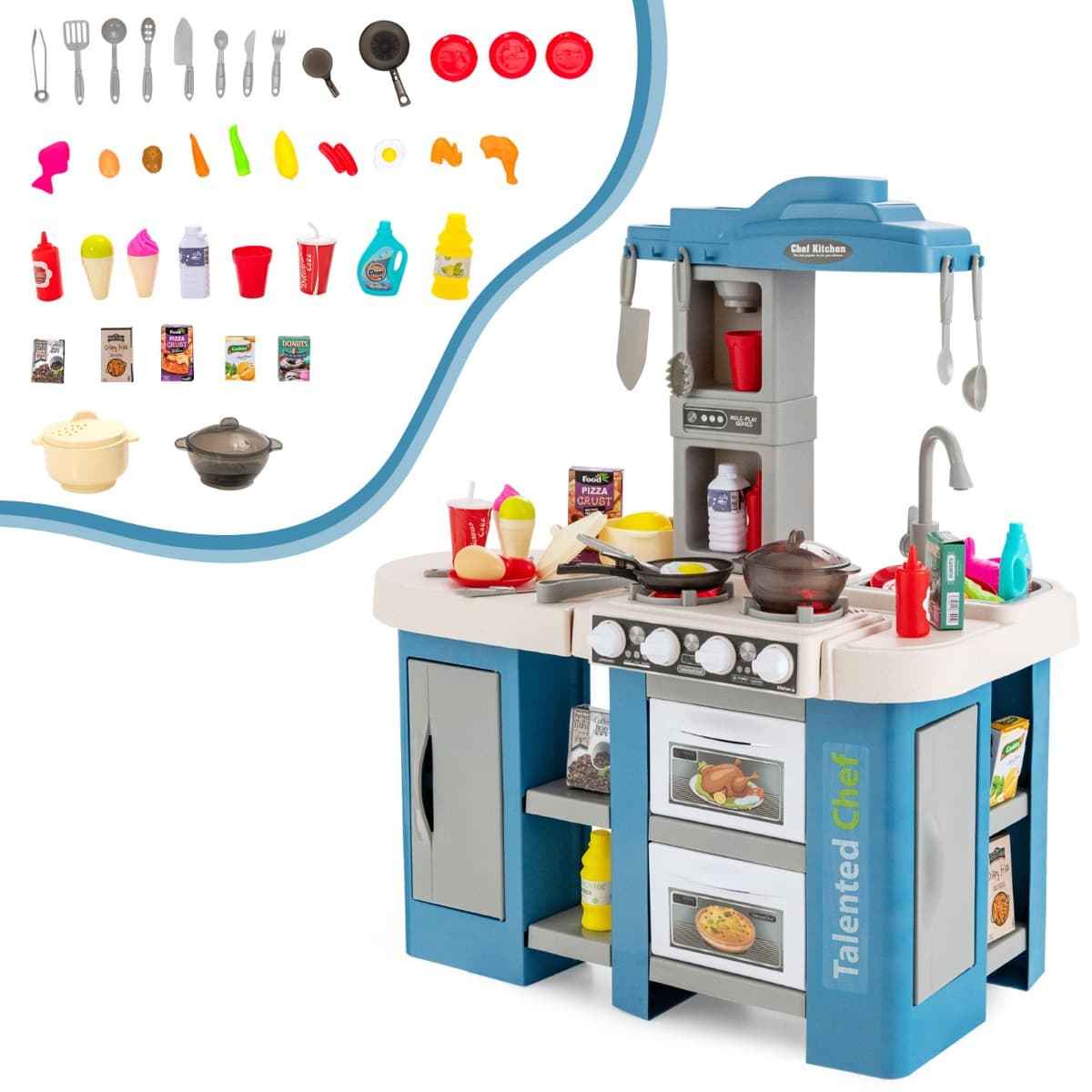 CostwayCuisine de Jeu pour Enfants 38 Pièces avec Accessoires pour Aliments et Ustensiles Son Lumières Vapeur et Ebullition pour 3+ Ans Bleu