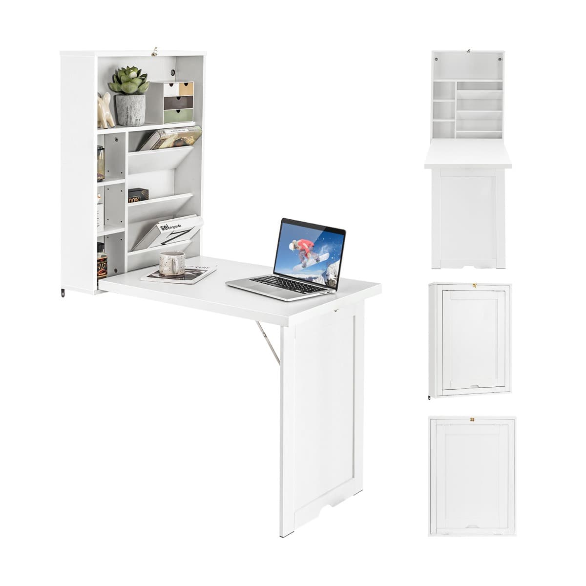 Bureau Mural Pliable Étagère Réglable à 3 Positions Espace de Stockage Indépendant Multicouche Écono