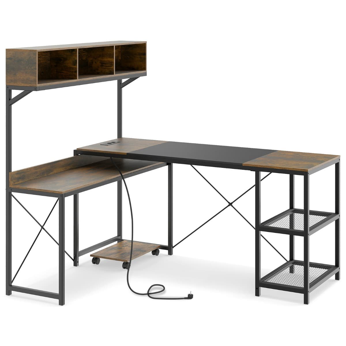 Bureau d'Ordinateur en Forme de L avec Prises Électriques Table d'Angle avec Étagère de Rangement Co