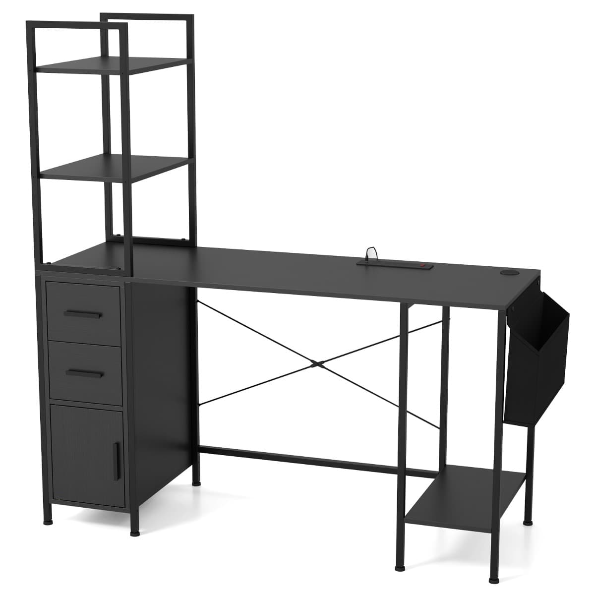 Bureau avec Lumières LED et Prises de Courant Bureau Moderne Etagères Ouvertes 2 Tiroirs Armoire Sup