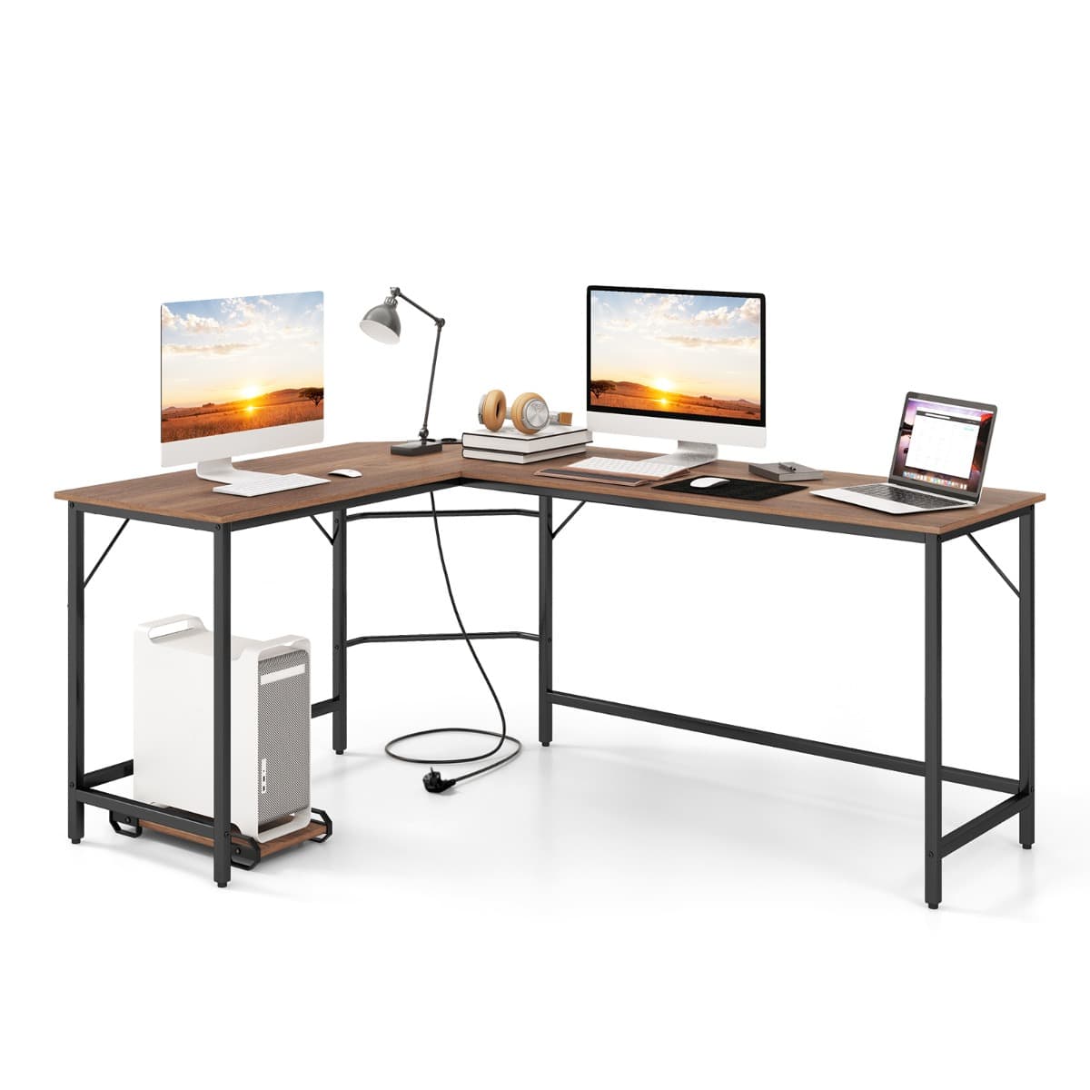 Bureau d’Angle avec Prise de Courant Bureau d'Angle de 168 cm avec Support UC Cadre en Métal Robuste