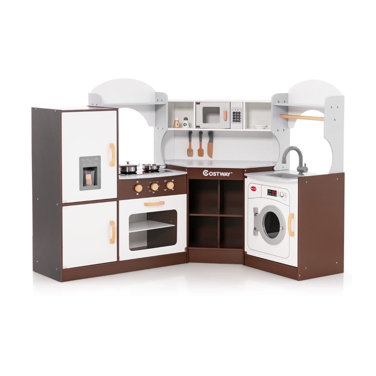 CostwayJeu de Cuisine d'Angle pour Enfants de 3 Ans et Plus en Bois Machine à Glaçons Porte-serviettes Accessoires Effets Sonores et Lumineux