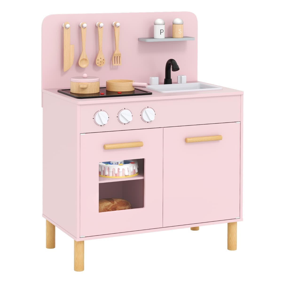 CostwayCuisine de Jeu pour Enfants de +3 Ans Cuisine de Jeu En Bois avec Lumières Sons Cuisinières Evier Four et Accessoires de Cuisine Rose