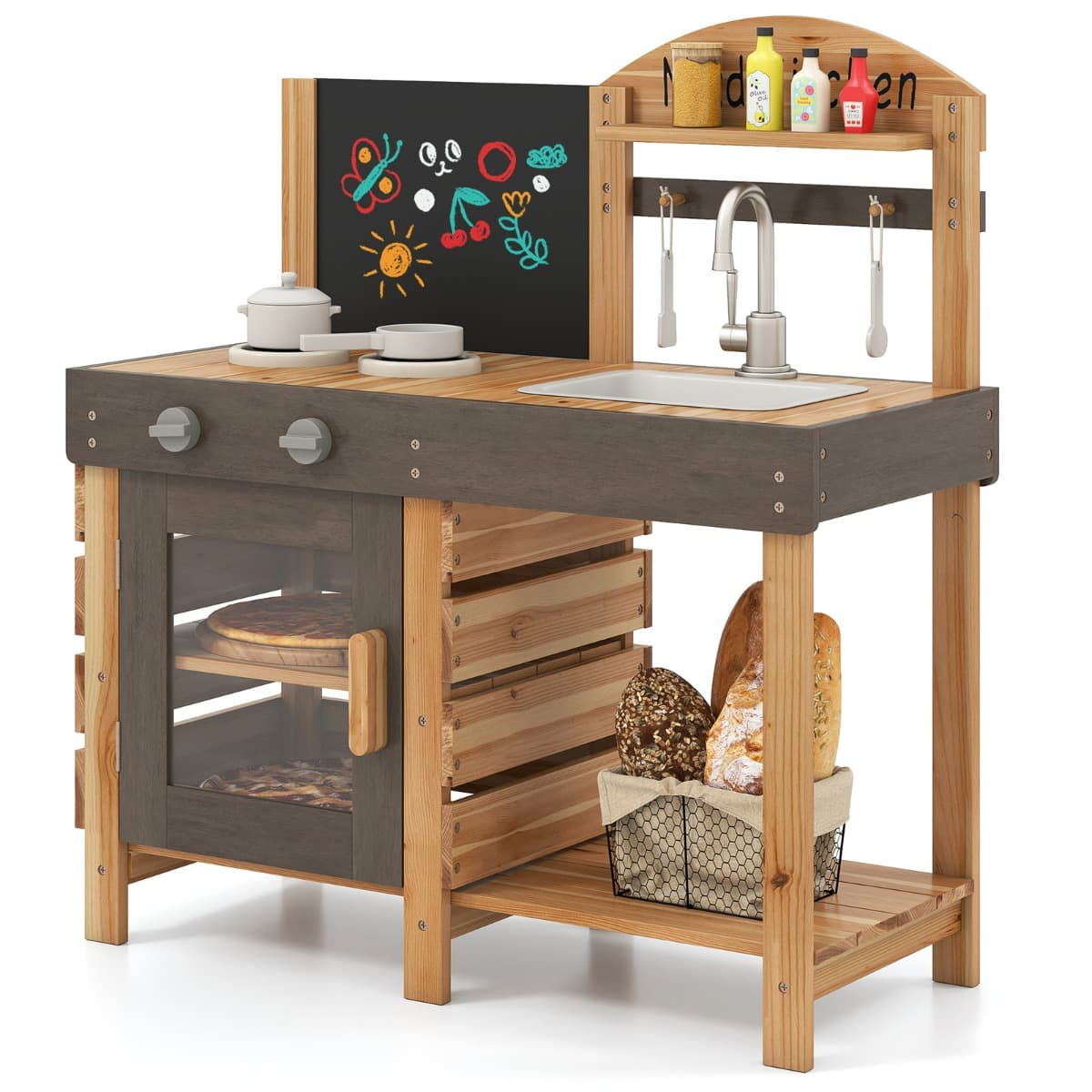 CostwayJouet de Cuisine d'Extérieur pour Enfants avec Tableau Noir Fours Évier Robinet Four Accessoires de Cuisine Étagères pour 3+ Naturel