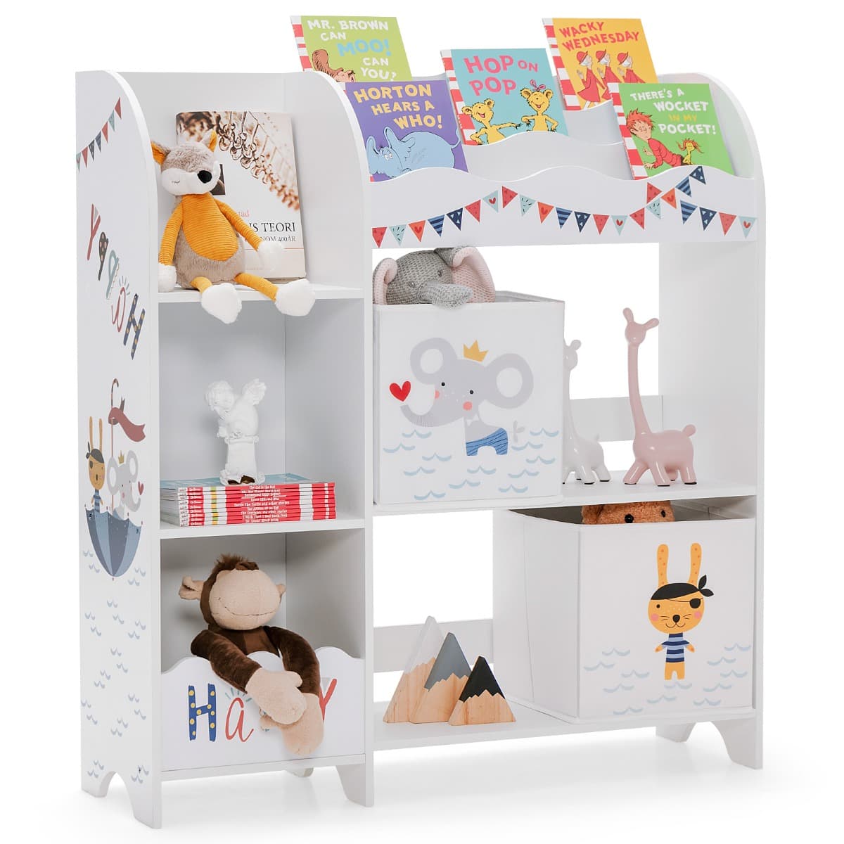 CostwayMeuble de Rangement pour Jouets et Livres avec 2 Tiroirs en Tissu Thème Animal pour Chambre d' Enfant