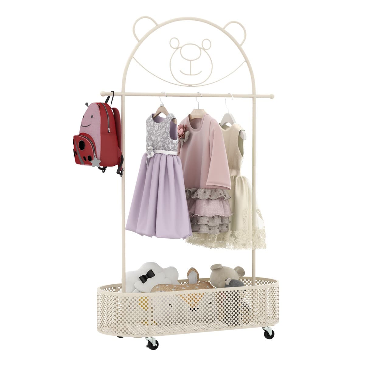 CostwayPortant à Vêtements pour Enfant avec 3 Hauteurs Réglables Portant à Vêtements sur Roulettes Portant avec Panier de Rangement Inférieur Blanc