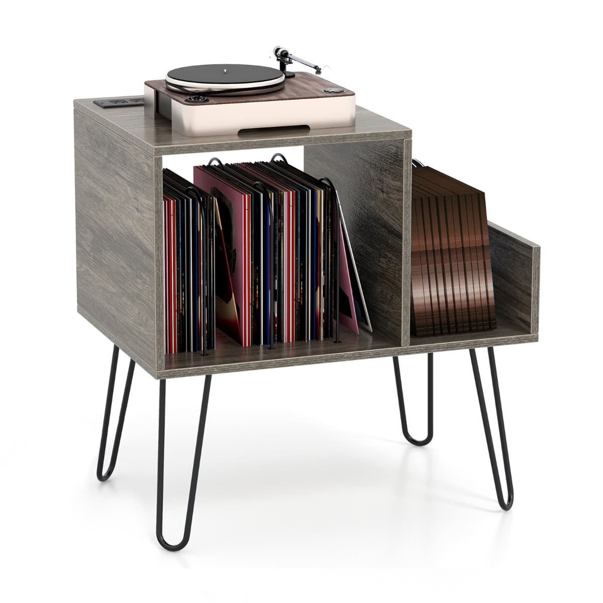 CostwaySupport pour Tourne-disque Prise de Courant Séparateur Table d'Appoint avec Pieds en Métal Jusqu'à 145 Albums Gris