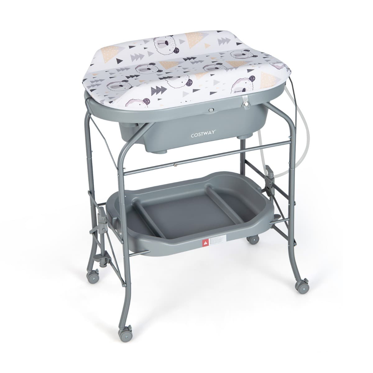 CostwayTable à Langer Bébé avec Baignoire 20L Pliante 4 en 1 Coussin en PVC 4 Roues Universelles Maximum 35 Kg 0-12 Mois Gris