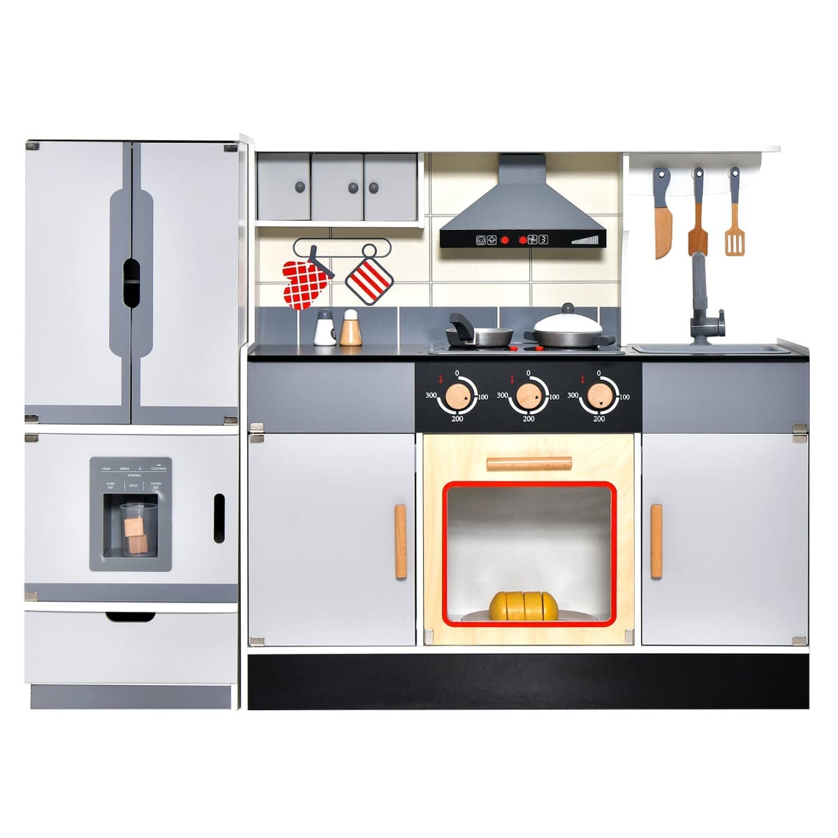 CostwayCuisine Enfants avec Réfrigérateur & 12 Accessoires Jeu de Cuisine avec Machine à Glaçons Espace de Stockage Lumière & Son pour 3 Ans+