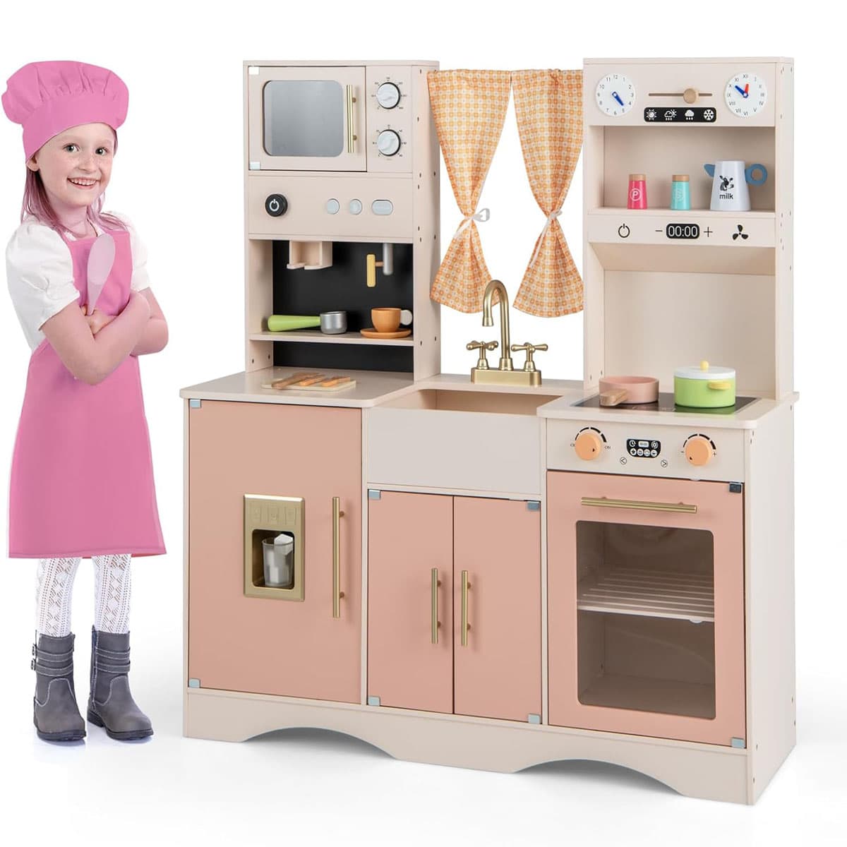 CostwayEnfant 3 Ans+ 16 Accessoires avec Horloges Cafetière Tableau Météo Machine à Glaçons Rose