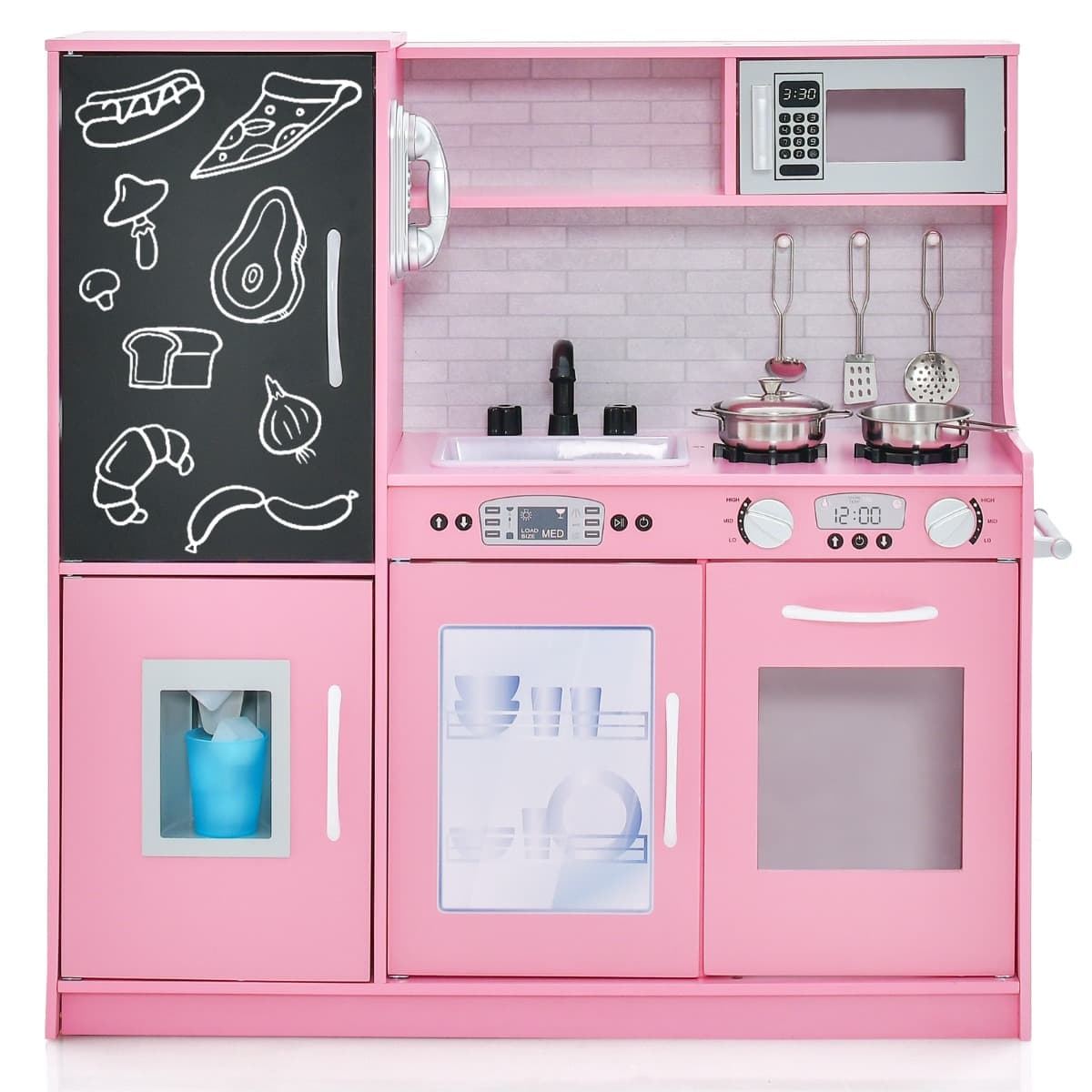 CostwayCuisine Enfants 3 - 6 Ans en Bois avec Téléphone Tableau Noir Micro-ondes Machine de Glaçons 7 Accessoires Rose