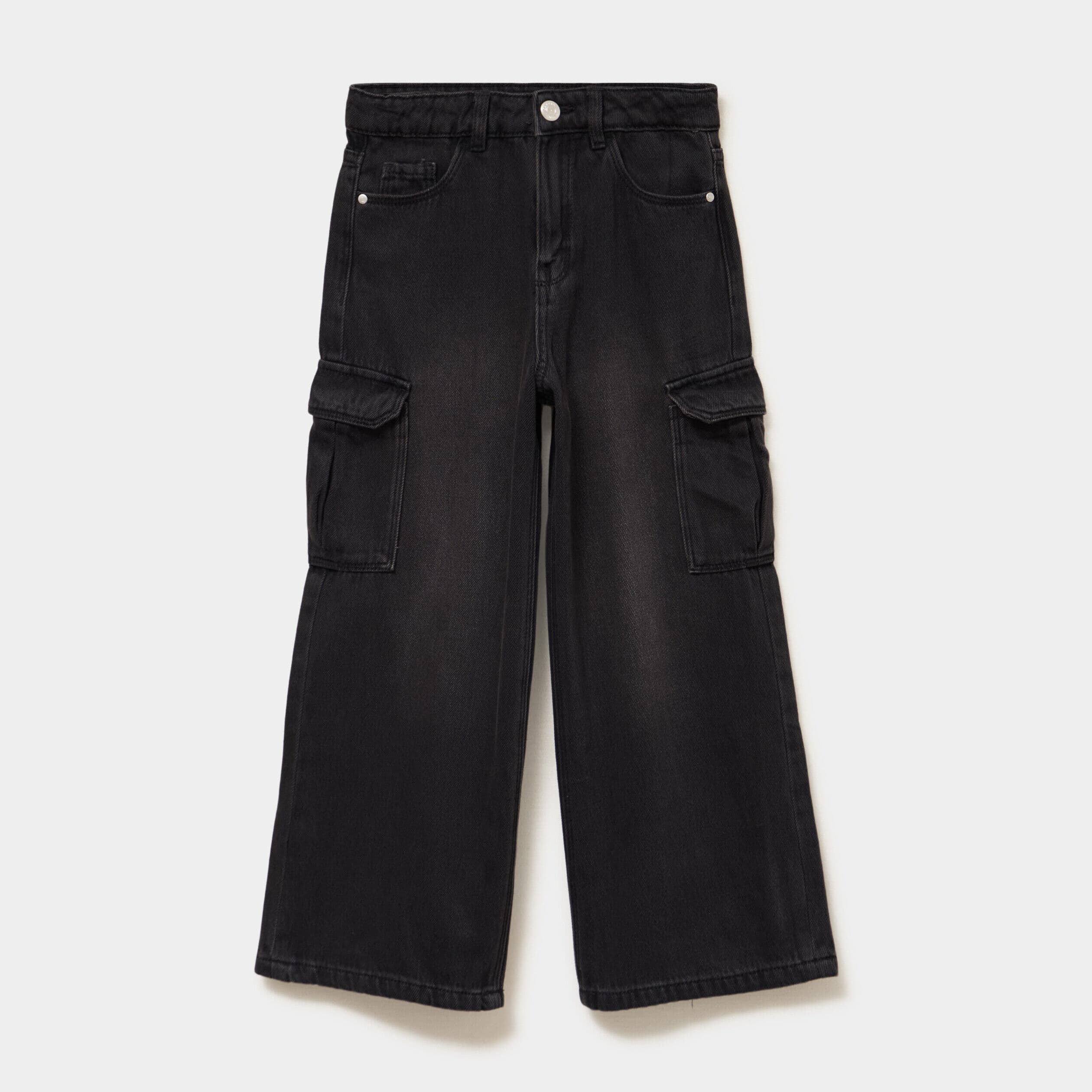 Jean large cargo poches à rabat coton denim noir fille